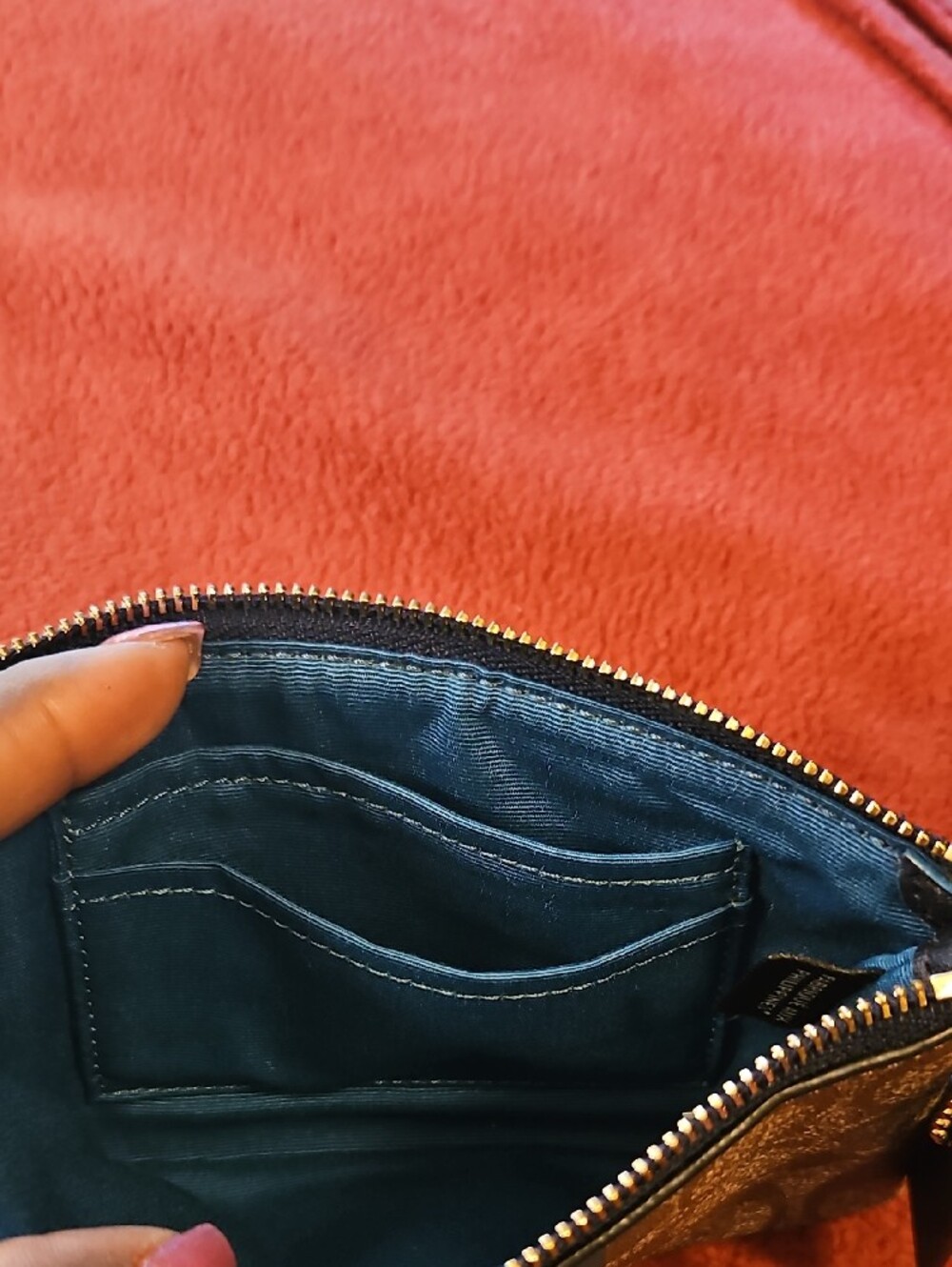 Coach Tan Signature Wristlet with Blue & Teal Green Stripes - Picture 5 of 6